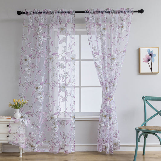 1 piece of sheer curtains ideal for the living room, featuring a purple classical floral print and light-filtering properties perfect for the bedroom