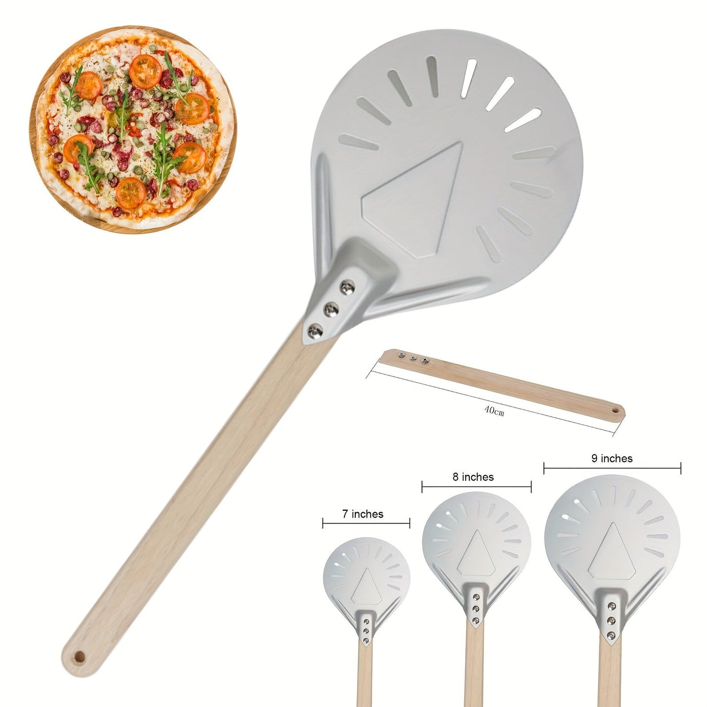 Pizza shovels with wooden handles measuring 8 and 22.86 cm, made of stainless steel