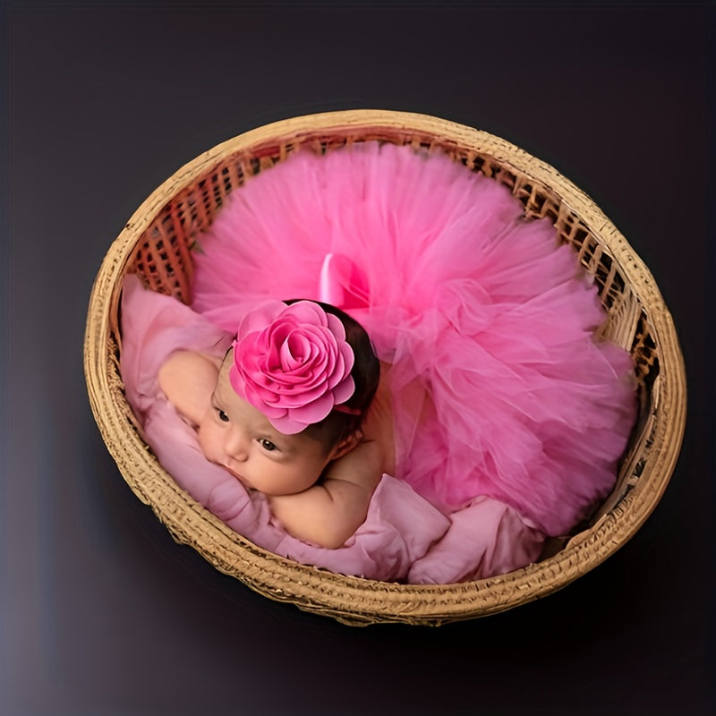 Charming Pink Ballet Tutu Skirt & Floral Headband Set for Kids - Made of Nylon, Ideal for Girls' Photo Sessions