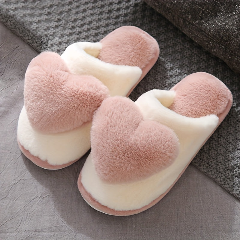 Warm and comfortable winter heart pattern slippers for women with faux fur, thicken plush, and non-slip sole.