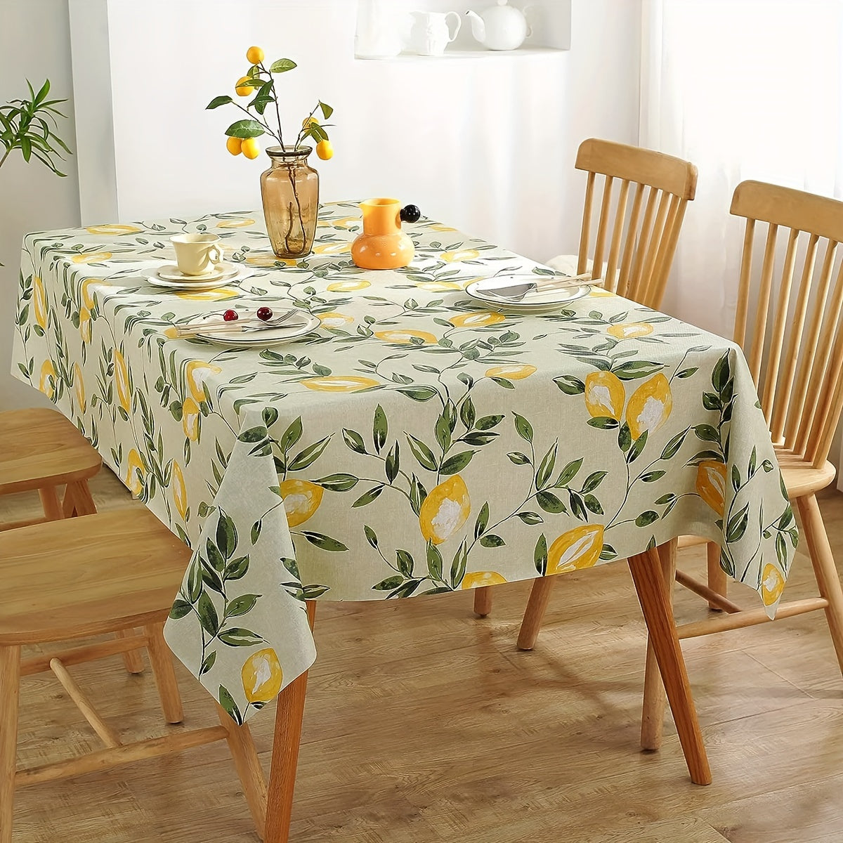 1pc Lemon & Leaf Pattern Vinyl Tablecloth - Waterproof, Oil-Resistant, Easy to Clean, Rectangular Flannel for Kitchen, Parties, Picnics, Patio Dining - Lemon Decor