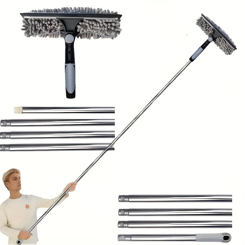 Chenille Microfiber Duster with Telescopic Glass Cleaning Pole - 2-in-1 Design, Adjustable Angle, Extends up to 5m, Suitable for Indoor and Outdoor Use, No Power Required, Perfect for Cleaning Glass, Stainless Steel and Resin Construction - Ideal for