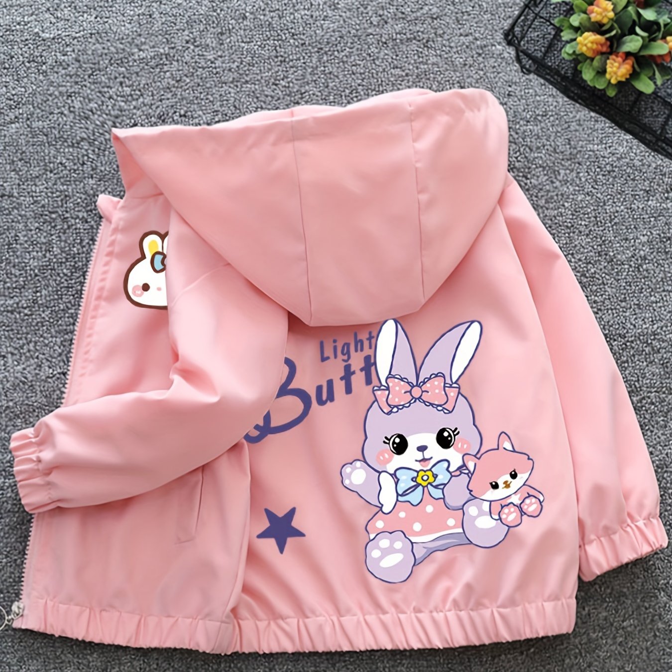 Adorable bunny print zip-up hooded windbreaker jacket for girls - great for street & casual outings.