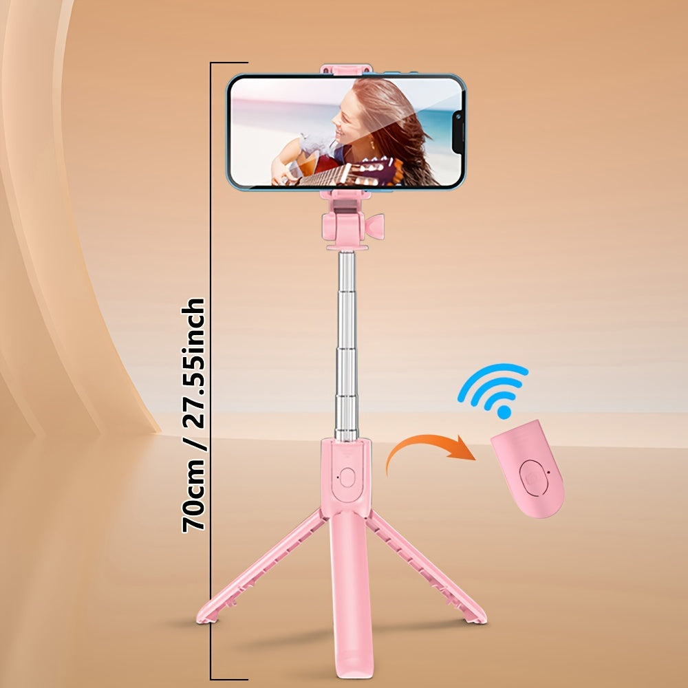 Portable wireless selfie stick tripod with remote control, 360° rotation, extendable up to 70cm, fits iPhone/Samsung/Android, battery-powered with non-rechargeable button battery, made of