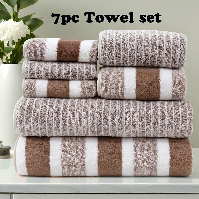 Best-selling 7pcs Striped Bath Towel Set with quick-drying, absorbent towels suitable for various uses, including hotels, sports, travel, and yoga. Ideal bathroom supplies.