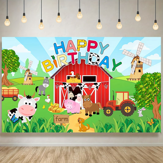 Large farm animal birthday party backdrop for kids' celebrations, 129.54x149.86cm (70.8x90.5") polyester photo background