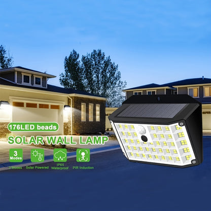 "Solar motion sensor light with 176 LEDs for outdoor use. Has 3 lighting modes for yard, path, and garage.