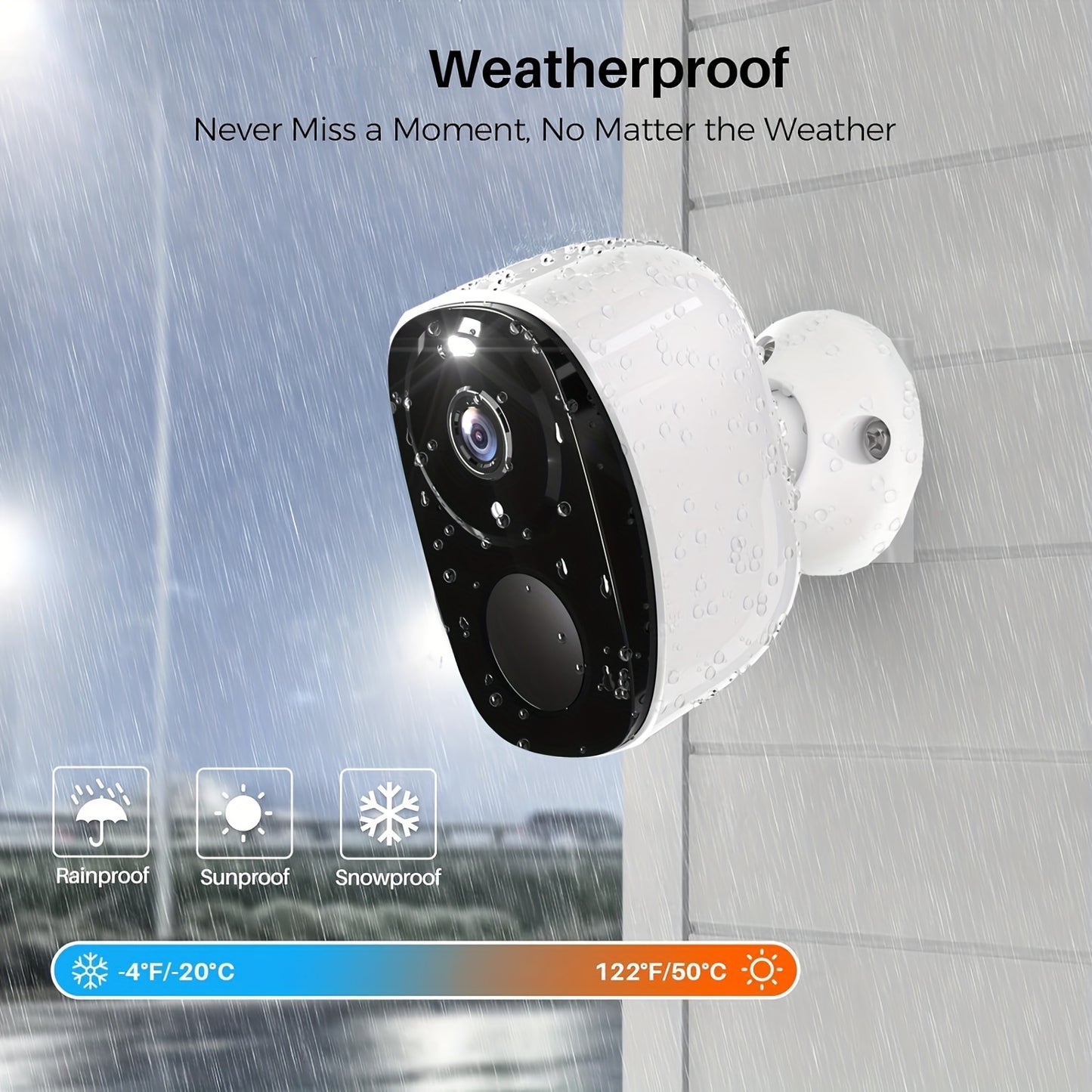 2K battery-powered WiFi security camera with PIR motion detection, two-way audio, night vision, and cloud/SD storage.