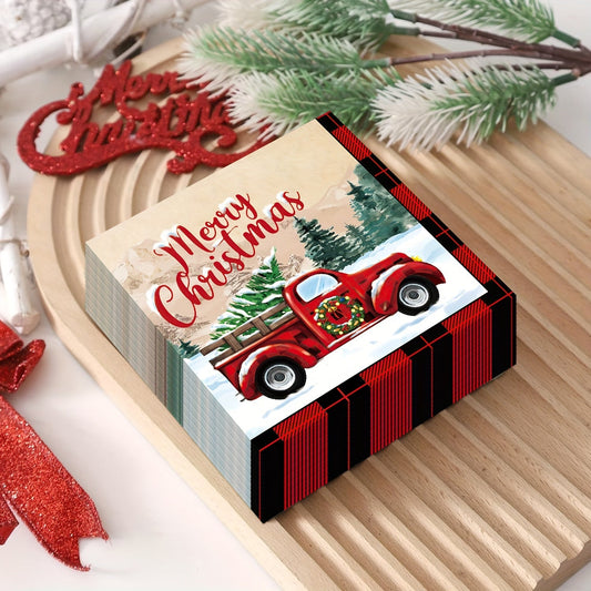 24-Pack of Christmas Party Paper Napkins featuring a Vintage Truck Design - Perfect for Festive Holiday Gatherings and Seasonal Celebrations - Disposable Tableware