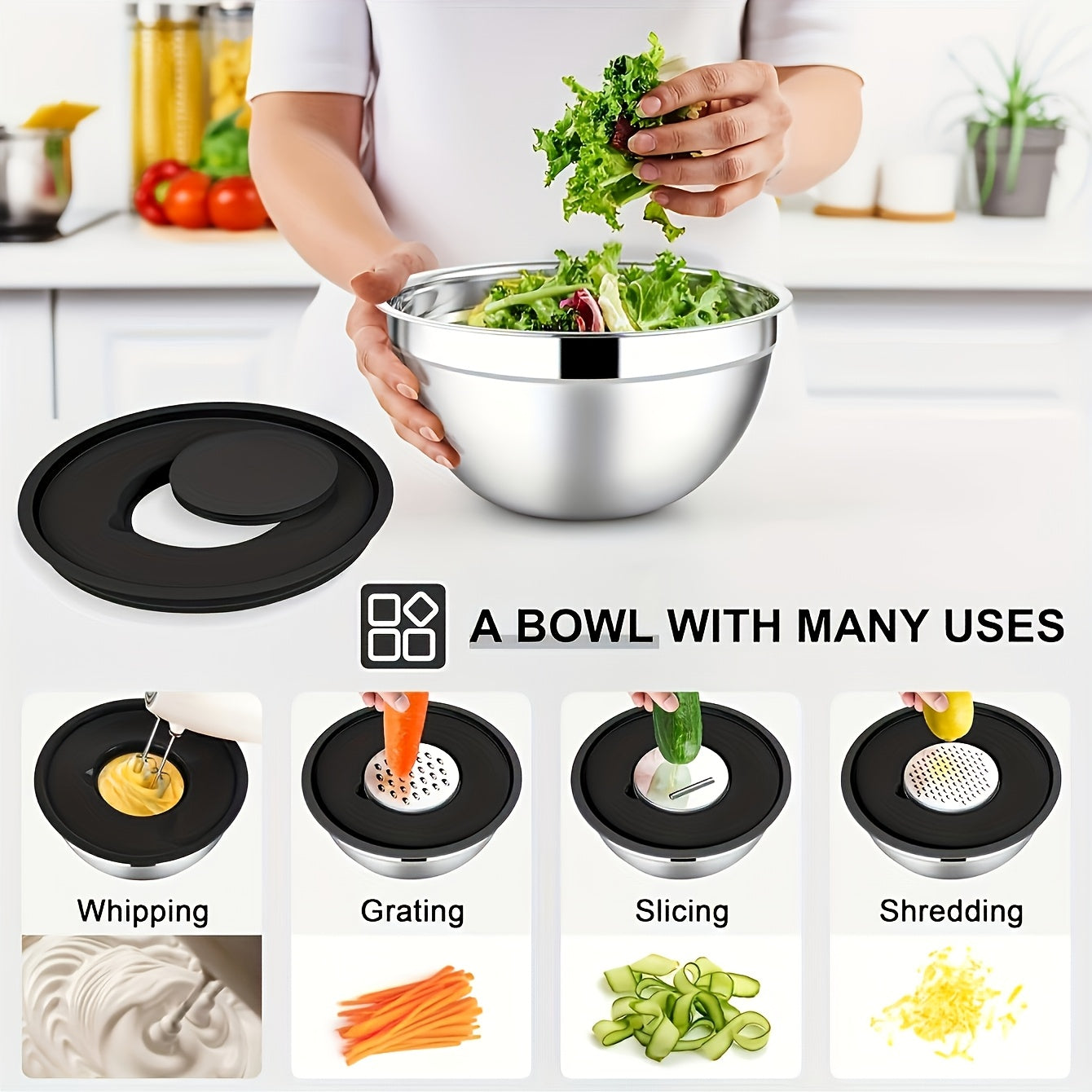 Set of 7 stainless steel mixing bowls with sealed black lids and 3 flossing tools. These nesting bowls are perfect for various kitchen tasks including baking, serving, cooking, dishwashing, and more. Can be used as a fruit bowl, noodle bowl, or any other