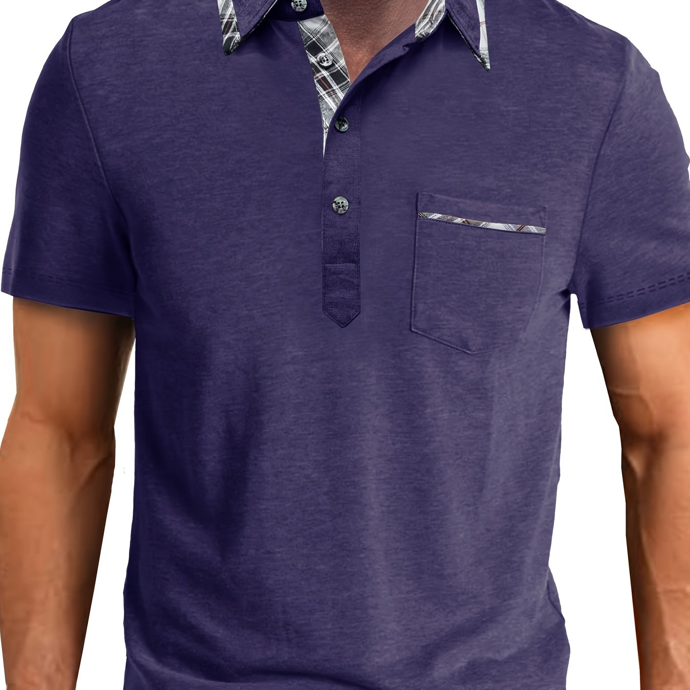 Men's plus size polo shirt with pocket, plaid lapel collar, knit fabric with slight stretch (77% polyester, 19% viscose, 4% elastane), ideal for summer at 180g/m² weight.