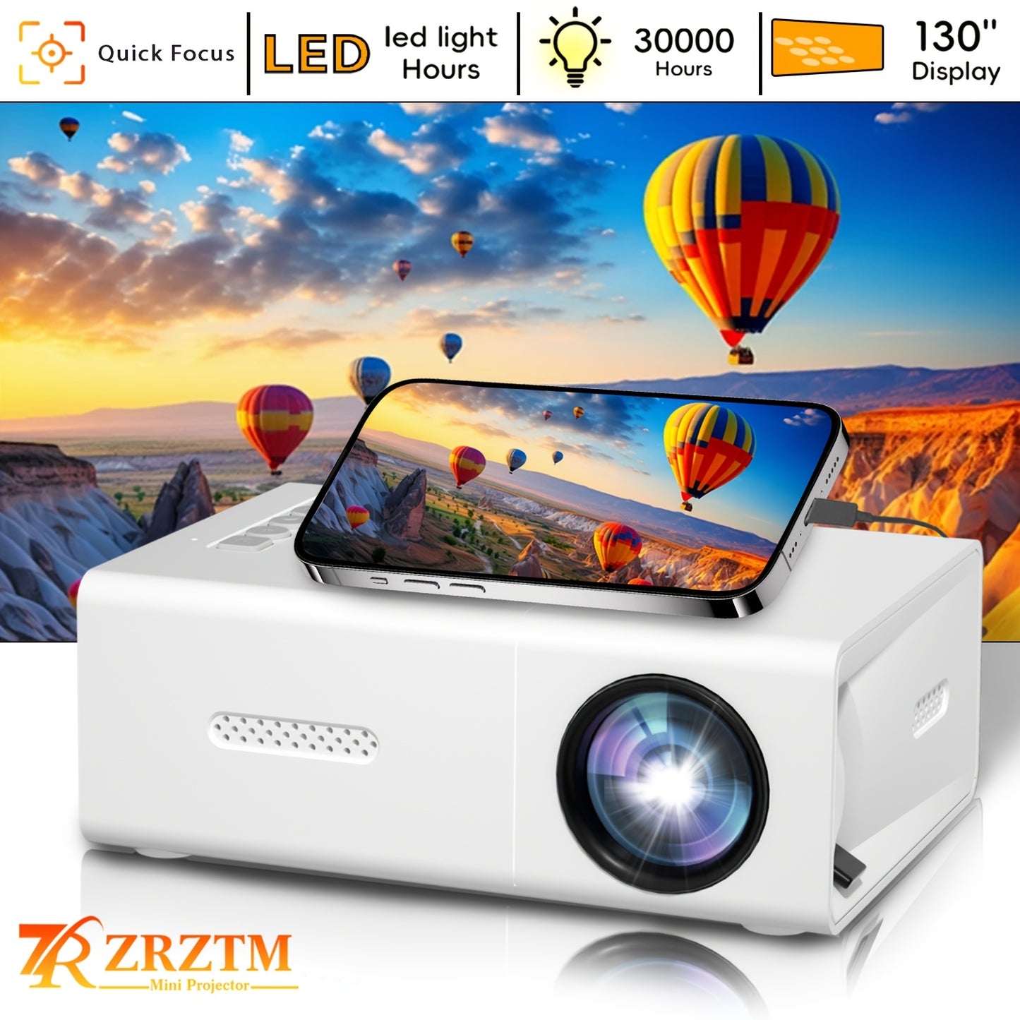 The ZRZTM Portable Mini Projector features LED display, 1080P support, speakers, remote control, native 320P resolution, and is compatible with USB and smartphones. It has button control