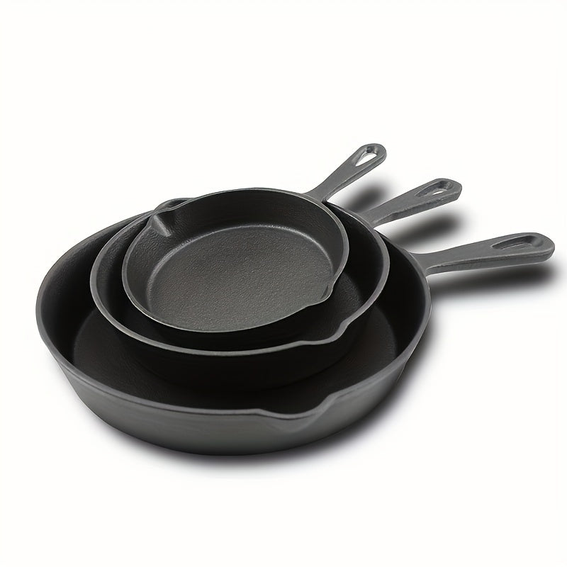 One set of three Cast Iron Skillets and Frying Pans featuring Drip-Spouts, Pre-seasoned for Oven Safety. Ideal for Camping, Indoor and Outdoor Cooking, Grill use, and Restaurant Chef Quality.