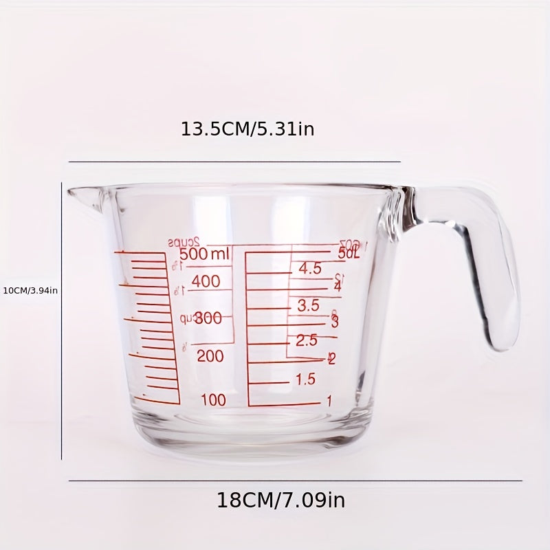 500ml heat-resistant glass measuring cup: precise scale, ergonomic handle, microwave/oven safe for baking/cooking.