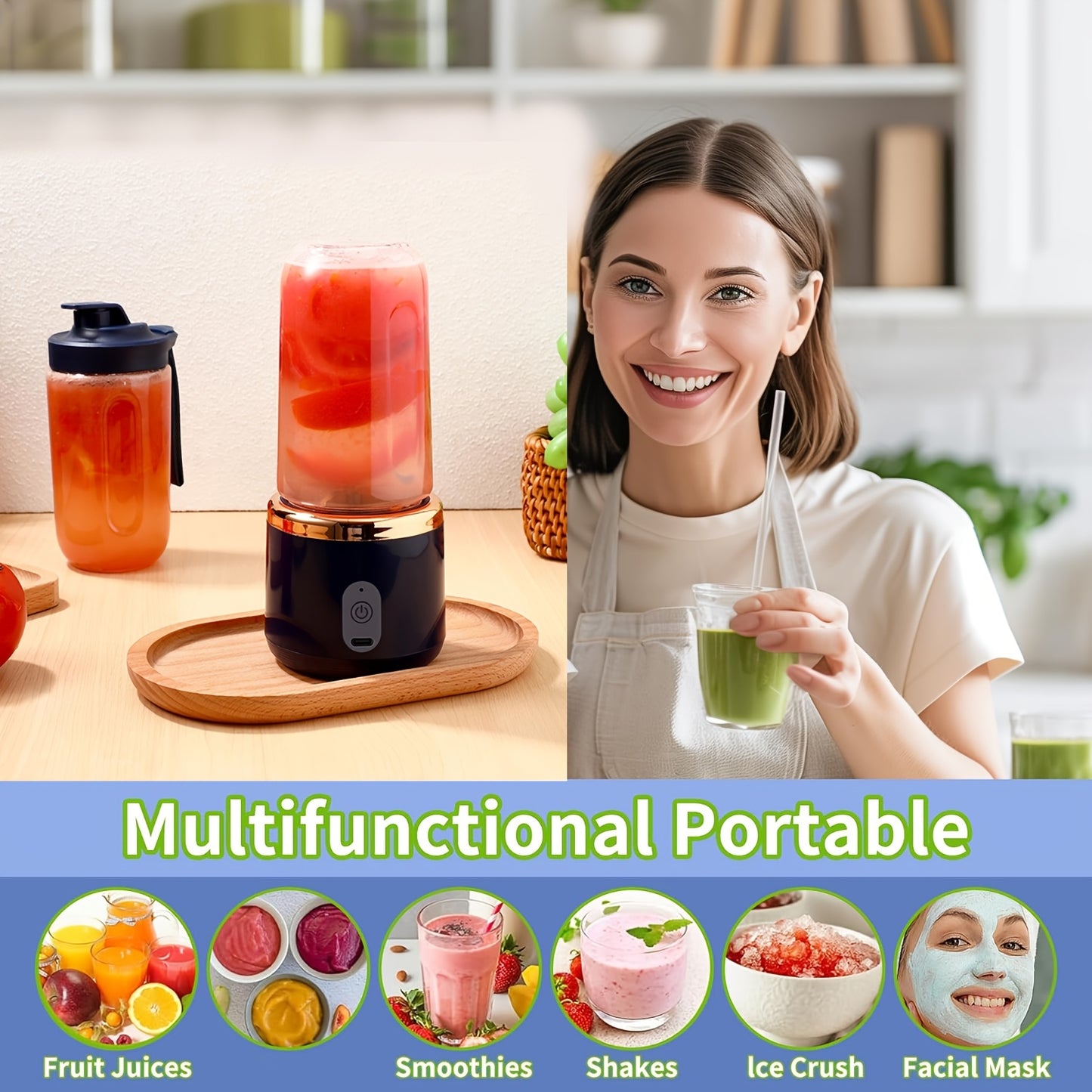 1pc/Set High-Quality Juicing Cup, 400ml Capacity, Two-In-One Portable Lid, 6-Blade Juicing, Sports Travel Blender, USB Rechargeable