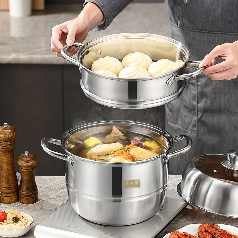 High-Quality Stainless Steel Multi-Layer Steamer with Generous Capacity and Transparent Lid - Ideal for Autumn Cooking and Dining Experience