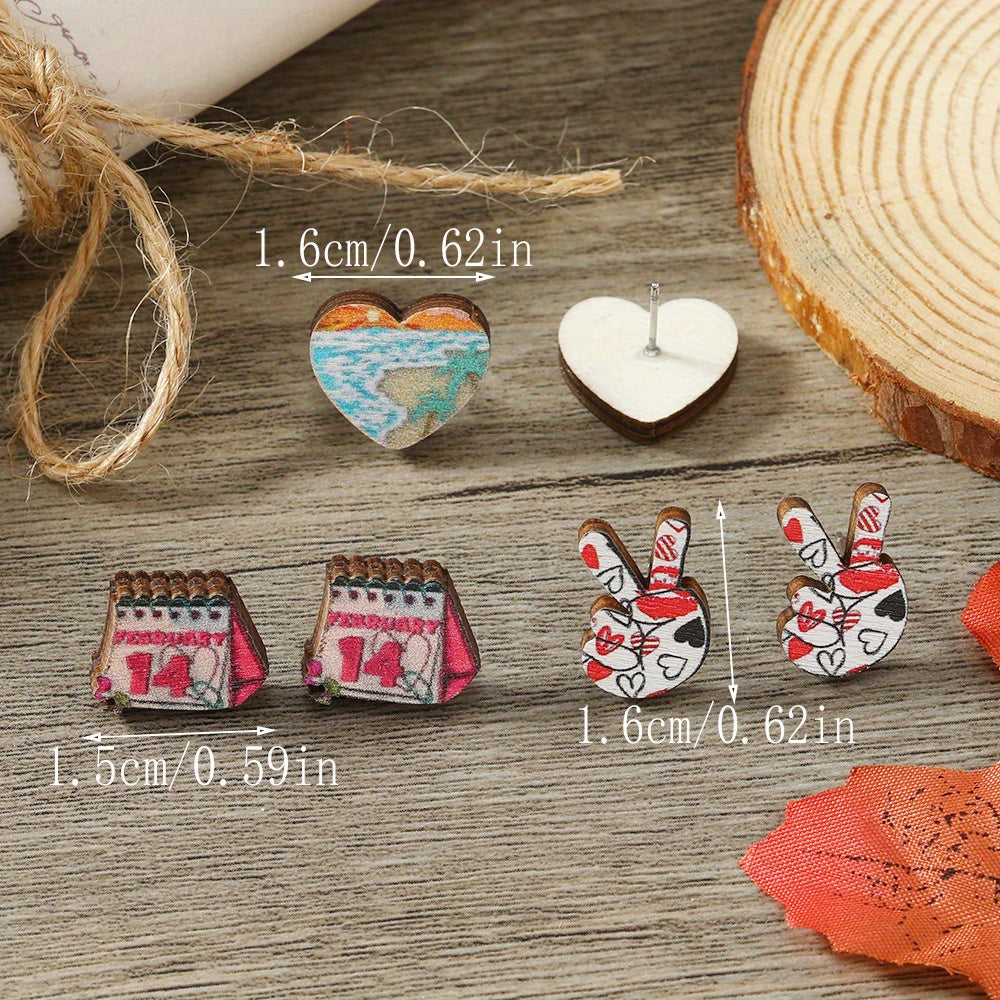 Get 9 pairs of women's fashion earrings for Valentine's Day, including pink rose love earrings, wooden cupid's arrow calendar earrings, coffee cup love earrings, palm bier earrings, and more. These earrings are made from wooden materials and will make