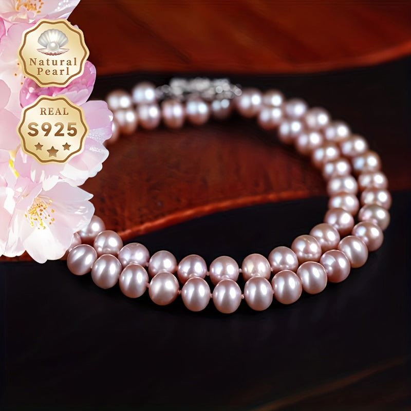 This luxurious and elegant freshwater pearl necklace is designed for women with a June birthstone. It features a S925 silver clasp and a 7-7.5mm strand of purple natural pearls. The necklace comes in a gift box and is perfect for daily wear or special