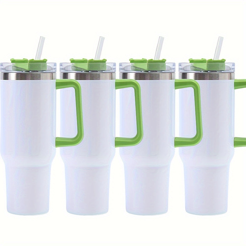 Set of 1 or 4 40oz tumblers with double-wall stainless steel, handle, straw, and personalized drinkware option.