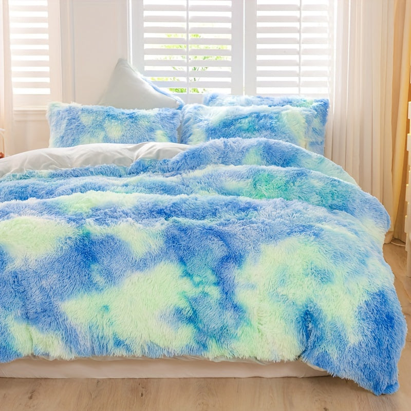 Y2K Tie Dye Plush Duvet Cover Set includes 3 pieces (1 Duvet Cover + 2 Pillowcases), providing soft and warm bedding.