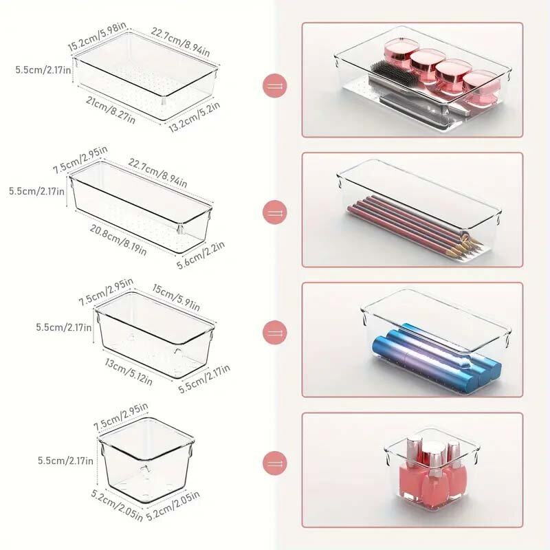 Stackable clear drawer organizer set in 4 sizes for versatile storage of makeup, skincare, stationery, and more. Perfect for bathroom vanity, kitchen, office, and bedroom. Great holiday