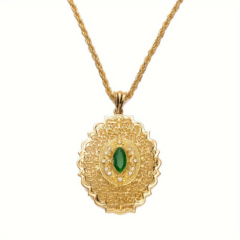 Bridal Jewelry Inspired by Moroccan Design- 18K Gold Plated Pendant Necklace with Vintage Style Hollow Pattern and Oval Synthetic Gemstones, 60cm Twisted Chain Perfect for Party, Wedding, Valentine's Day and Spring Season Events- Zinc Alloy Necklace.