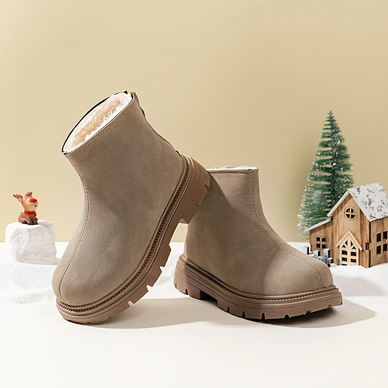 Stylish winter ankle boots with cozy plush lining, durable PVC sole, side zipper, round toe, brown upper with black trim. Perfect for boys and girls, casual snow booties for cold weather.