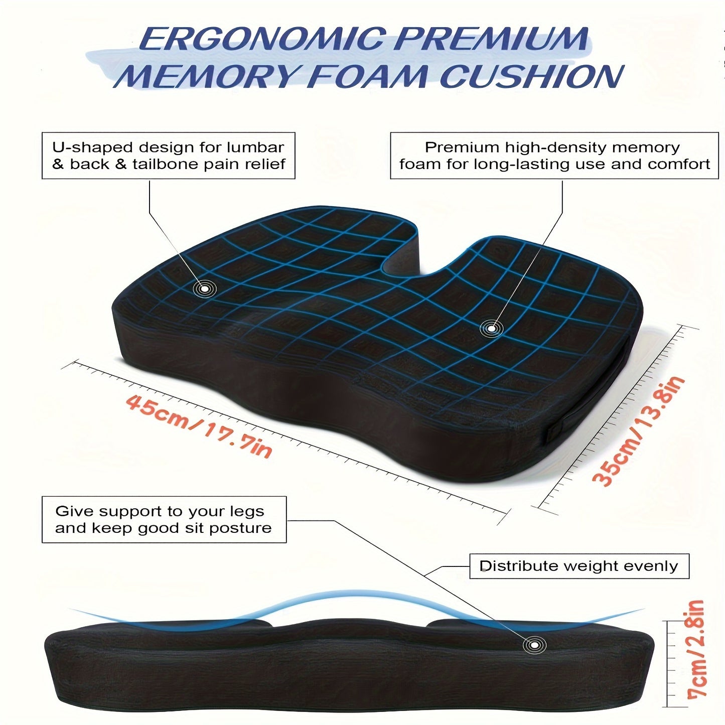 Memory Seat Cushion for Office Chair, Car, and Travel to relieve back and coccyx pain during long periods of sitting.