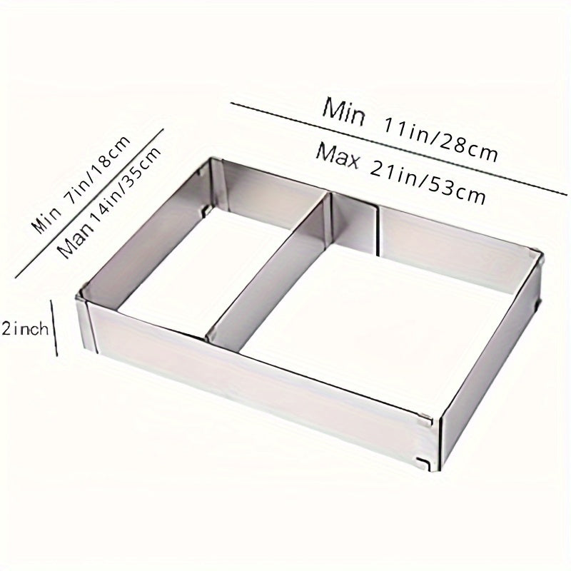 Adjustable, scalable stainless steel rectangular mousse cake mold, suitable for baking birthday cakes, tiramisu, bread, and pastries. Measures 27.94cm to 53.34cm. Perfect for all your baking needs.