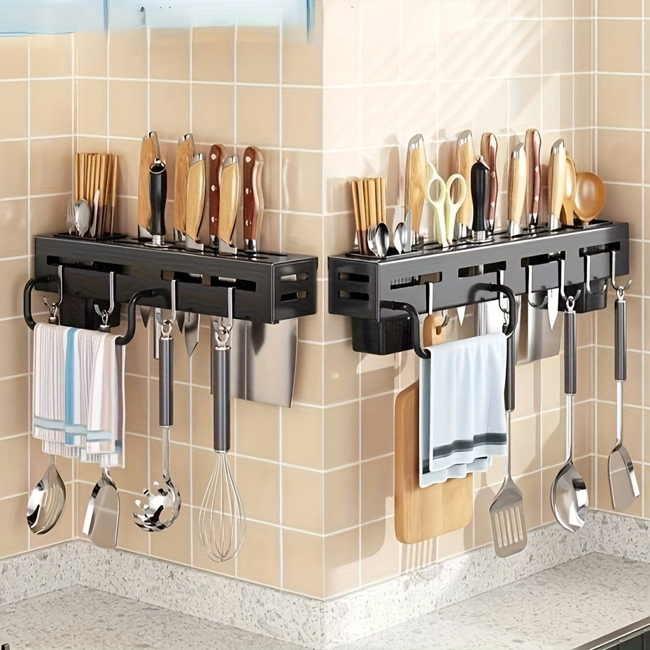 One piece of high-quality carbon steel knife rack designed for modern home kitchen storage. This rack is no-drill wall-mounted and features a multi-functional design with hooks, a towel rod, and a draining utensil caddy.