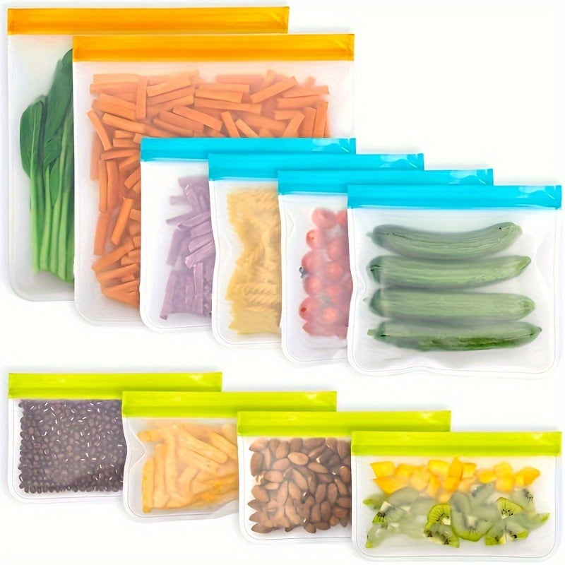 8 to 10 pieces of reusable storage bags in a pack, made of PEVA material that is free from Bisphenol A. These gallon-sized bags are leak-proof and vertical, perfect for storing food in the freezer. Also included are sandwich bags, travel snack bags, and