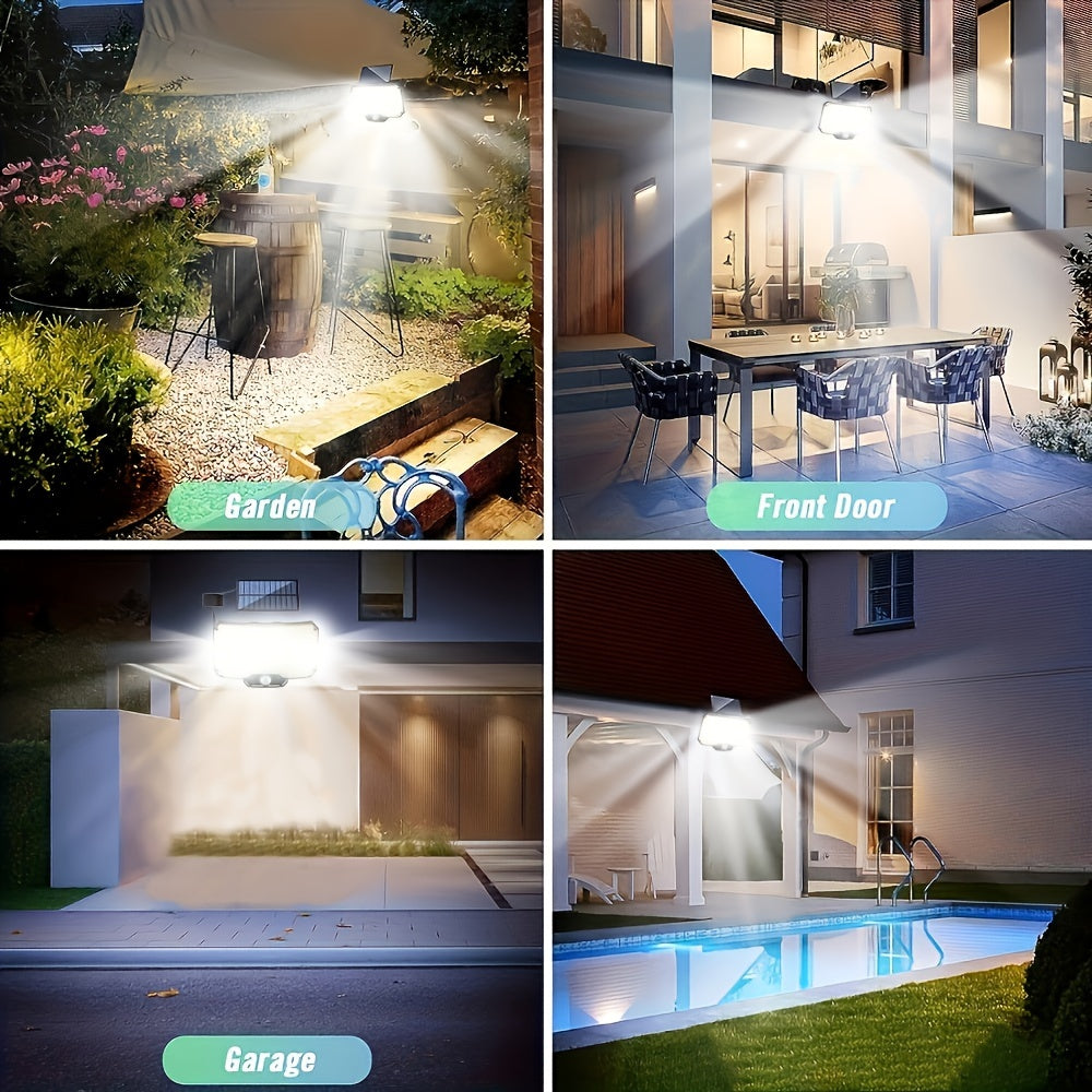 Outdoor smart solar light with motion sensor, remote control, 3 modes for patio, porch, camping, and backyard.