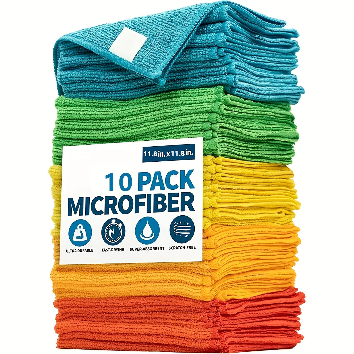 Get 10 premium microfiber cleaning cloths for dishes, household chores, and more! These versatile towels are durable, absorbent, and perfect for clearing away stains and grease in the kitchen and bathroom. A must-have for any cleaning supply arsenal.