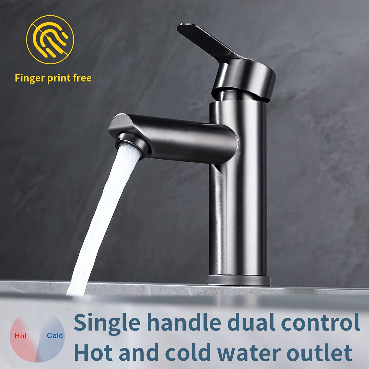 Modern 304 stainless steel faucet, single handle dual control, gun grey finish for home bathroom sink with rust prevention.