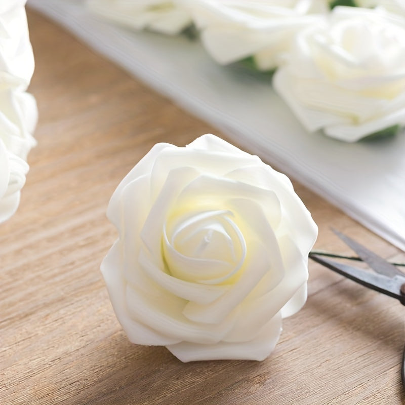 25 artificial ivory roses with stems for DIY wedding decor and party supplies, perfect for bouquets, centerpieces, and holiday ornaments.