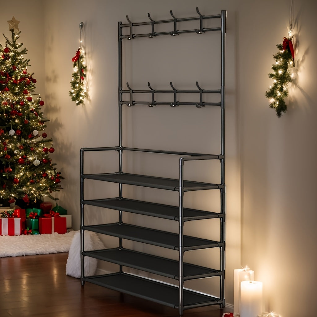 Uncharged Iron Hall Tree with 8 Hooks and Entryway Storage Bench