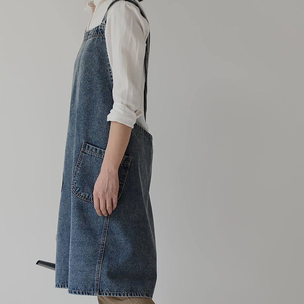 Vintage-style denim apron with pockets, adjustable straps, and waterproof design for kitchen and restaurant work.