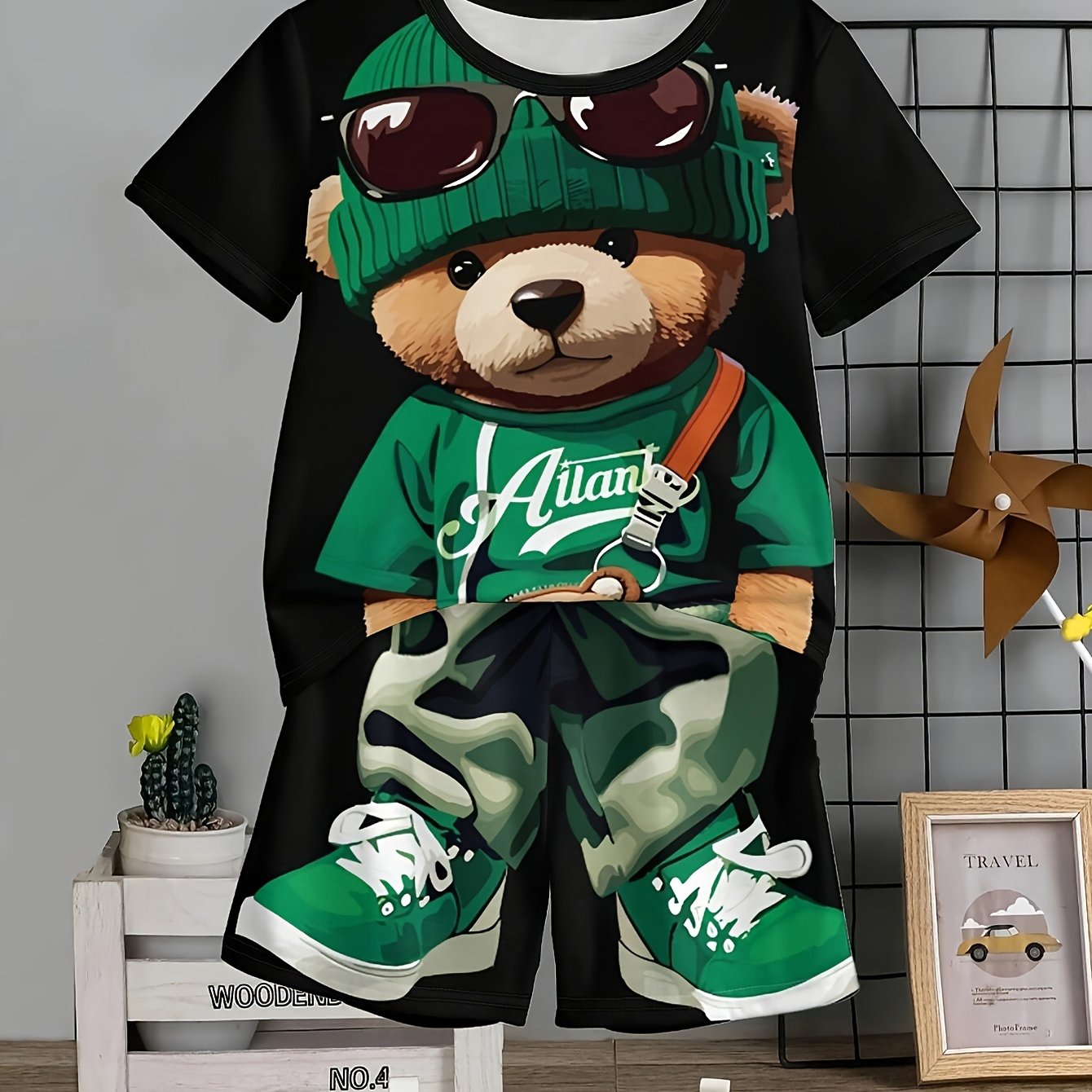 Boys' Casual Cartoon Bear Graphic Tee & Shorts Set in Black with Green Accents, made of Stretchy Polyester Blend, Machine Washable, perfect for Summer Fashion and Outdoor activities.