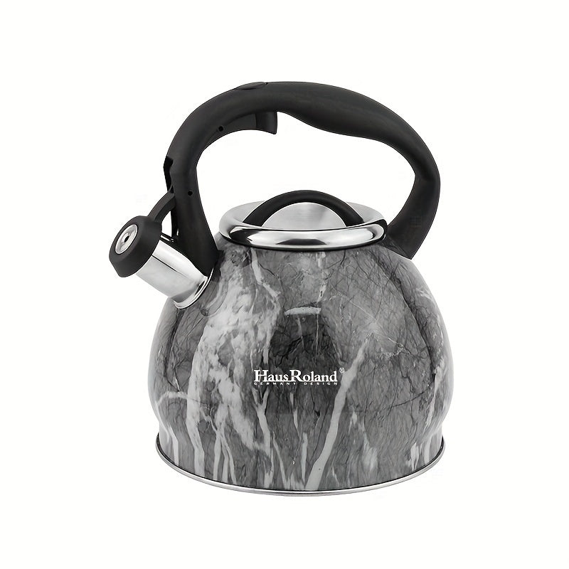 The HausRoland Stainless Steel Whistling Tea Kettle features a 3L capacity and is compatible with stovetops. It has an audible whistle, heat-resistant handle, and does not require electricity for use.