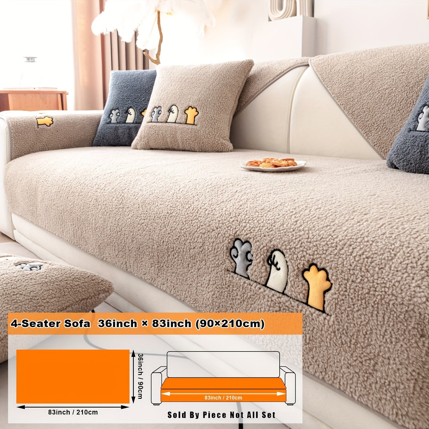 Modern plush sofa cover with paw pattern embroidery, non-slip protection for sofas, machine washable and suitable for various types of furniture.