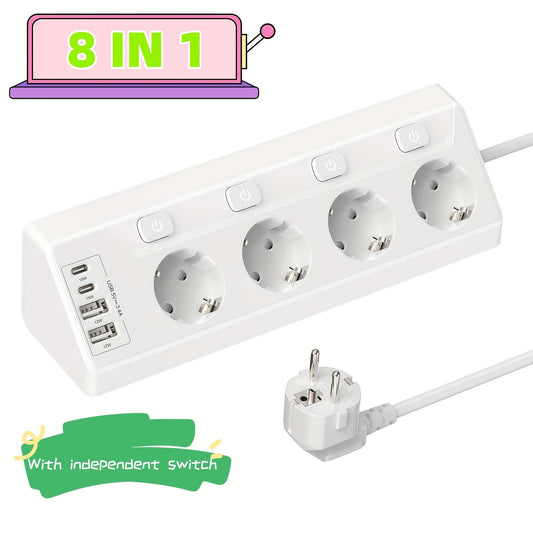 HITRENDS 4-port corner power strip with USB-C and USB-A ports, European standard plug, 220-240V AC, rectangle shape, on/off switch. Ideal for home and office use.