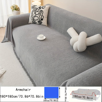 Contemporary chenille sofa throw, waterproof baby fleece cover, universal fit for all-season use. Features tassel embellishment and is machine washable. Made of 100% polyester, suitable for various furniture sizes in different rooms.