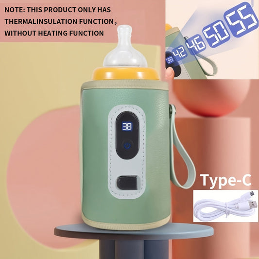 Compact USB-powered bottle warmer with digital display suitable for all age groups. Operates on low voltage and designed for travel and on-the-go use. Compatible with Type-C devices and no batteries needed for operation.