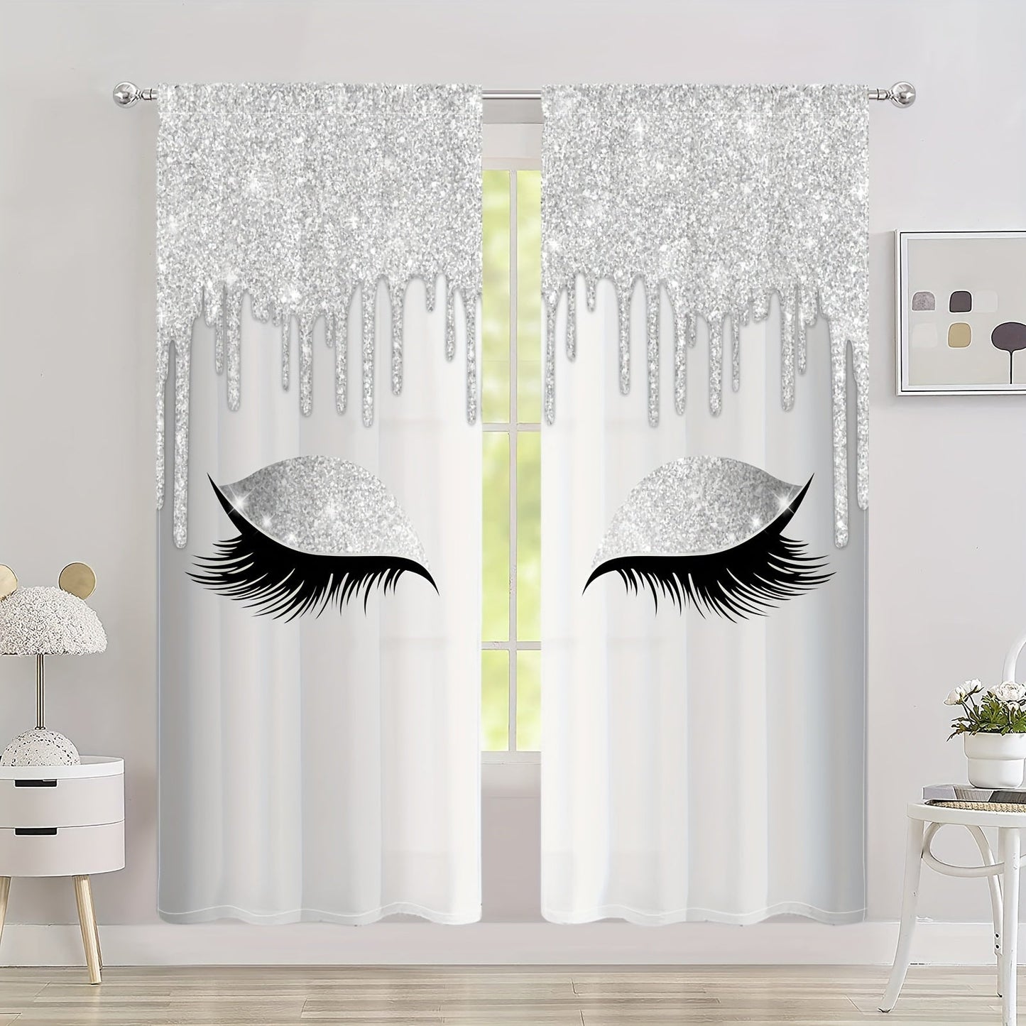 Set of two Eyelash Printed Curtains, Rod Pocket Window Treatments ideal for Bedroom, Office, Kitchen, Living Room, Study, and Home Decor. Enhance your room with stylish and aesthetic decorative curtains.