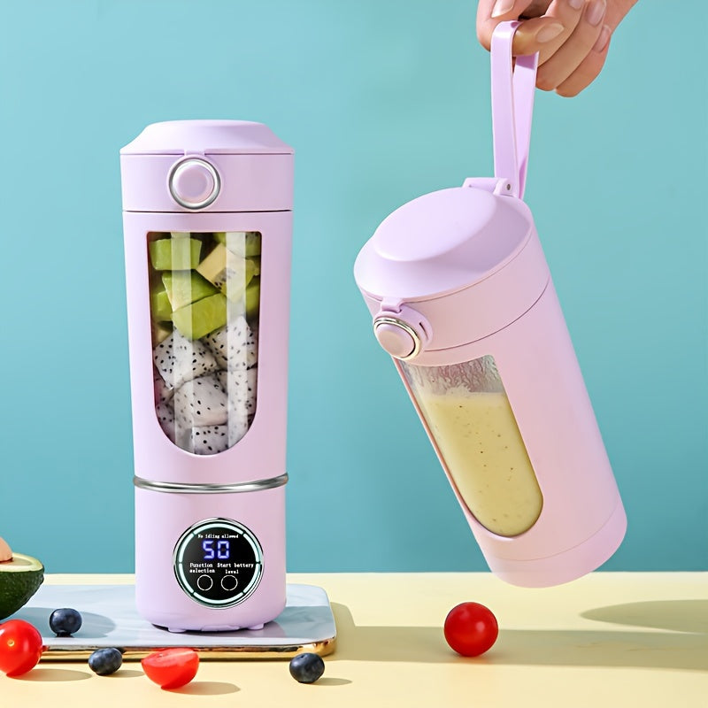 Portable juicer with digital display, compact design, and USB rechargeable battery. Suitable for making smoothies, milkshakes, and fresh fruit juice. Features easy-cleaning 12-blade system, double lid, and ice crusher. Perfect for travel and on-the-go