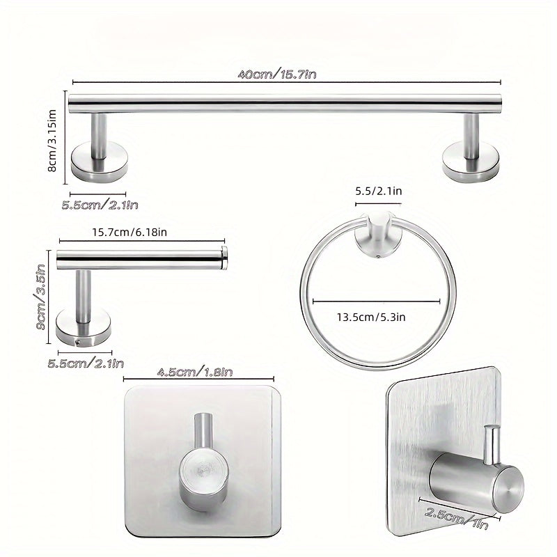 10-piece stainless steel bathroom hardware set includes towel bars, rack hooks, toilet paper holder, towel ring. It features a modern hotel-style design and can be mounted without drilling.