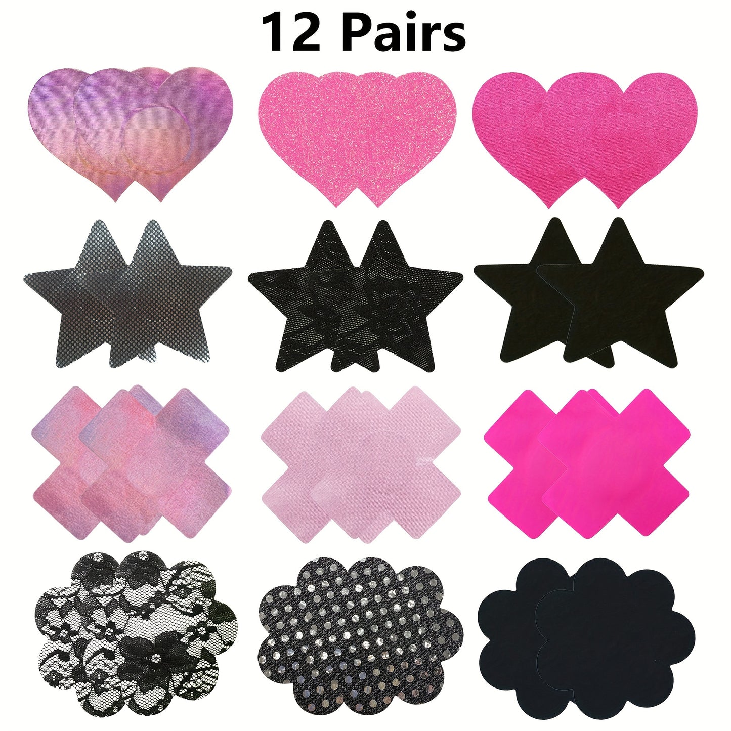 Set of 12 sexy black breast stickers, featuring cute pink girl design for nipple decoration.