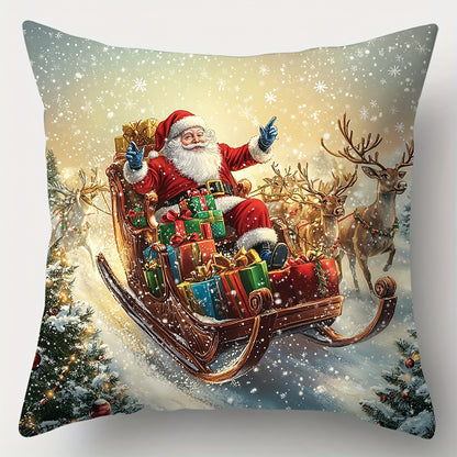 4 festive pillow cases featuring Santa Claus, Snowman, and Reindeer prints. Made of polyester, zippered, and machine washable. Perfect for home decor in the living room. Dimensions are 45.01 x 45.01 cm.