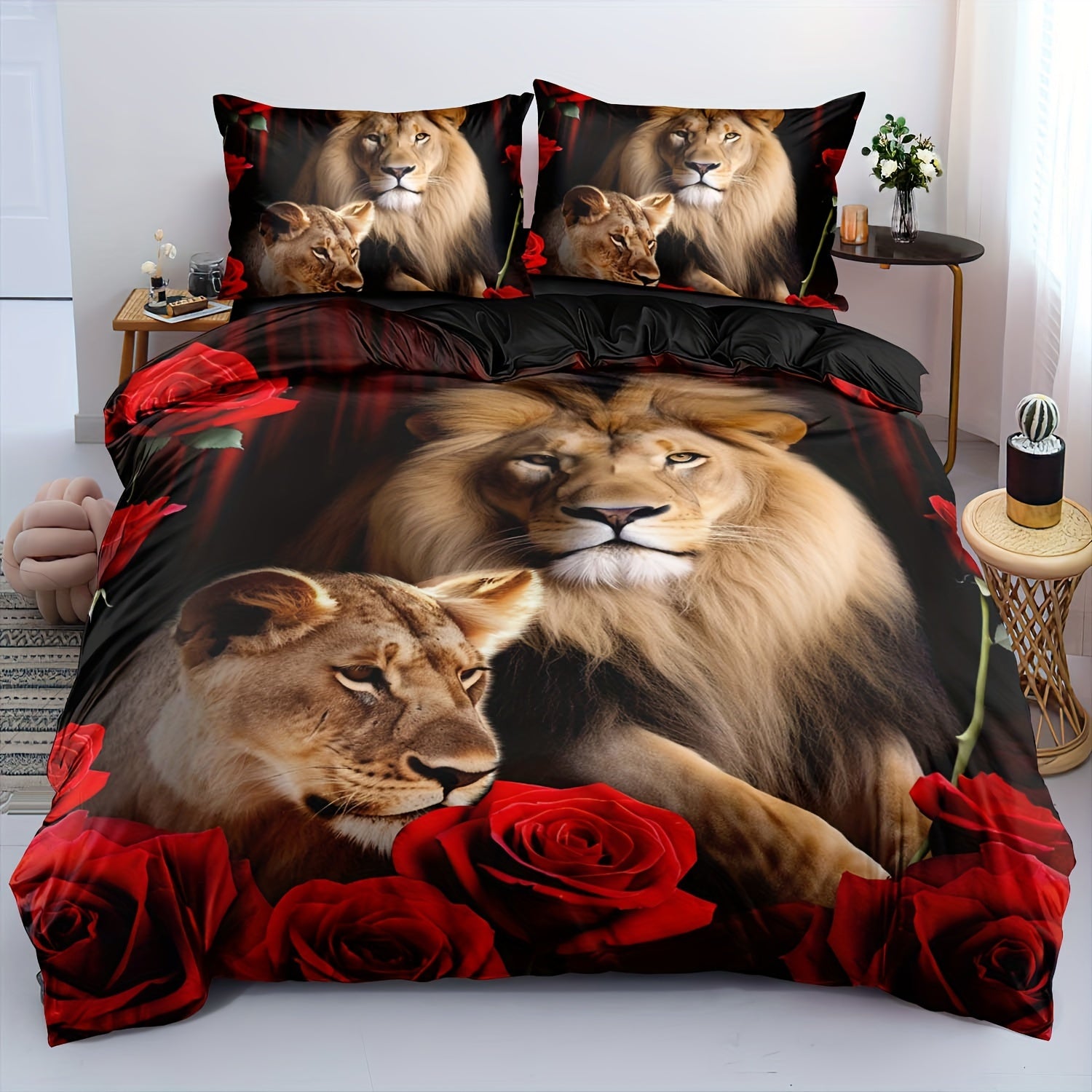 2/3pcs Duvet Cover Set, Soft and Comfortable featuring black lion duvet cover set in king size, lion twin bedding set for boys, 3d animal print duvet cover in queen size, and red rose queen