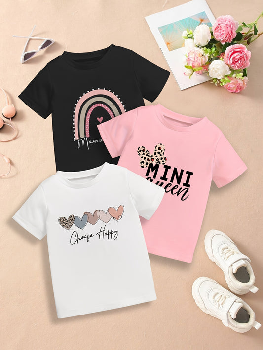 Valentine's Day, Ramadan - Set of 3 stylish letter and love print T-shirts for girls.